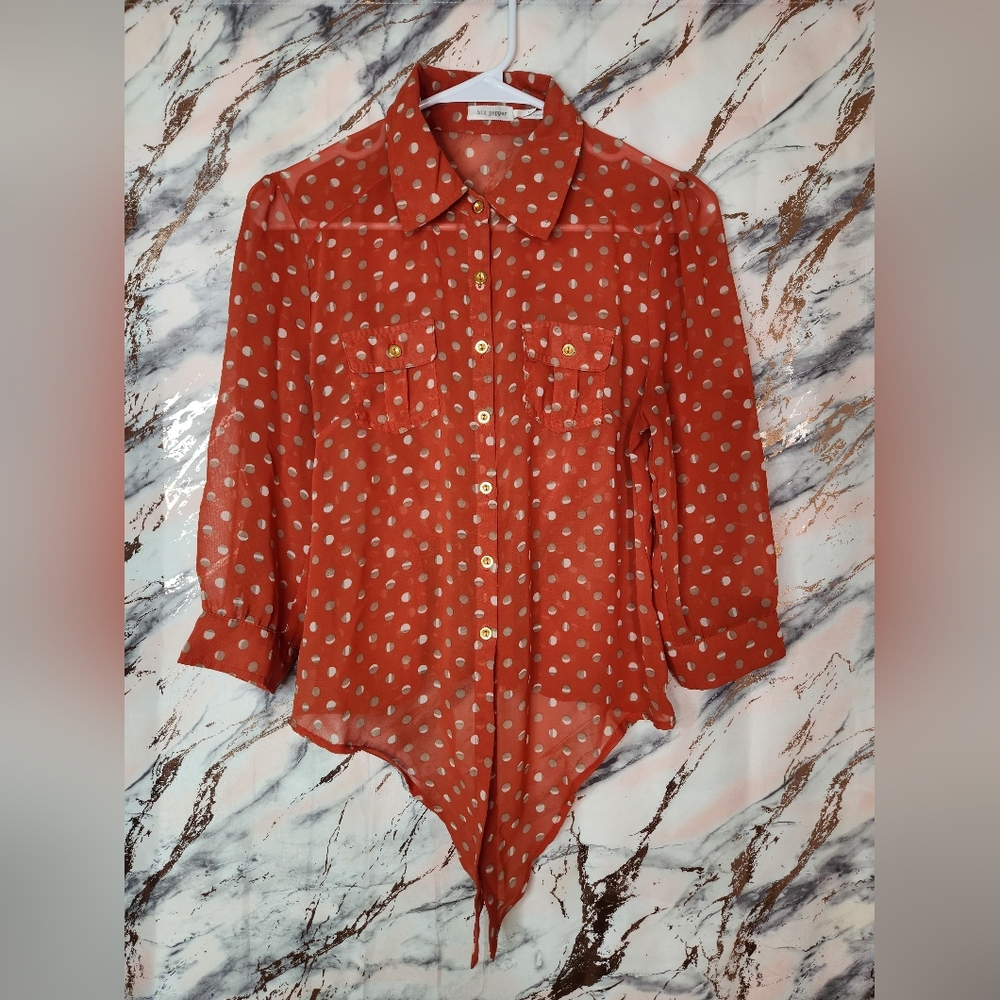 Blu Pepper Sheer Polka Dot Button-Down Blouse w/ Gold Buttons  (M)